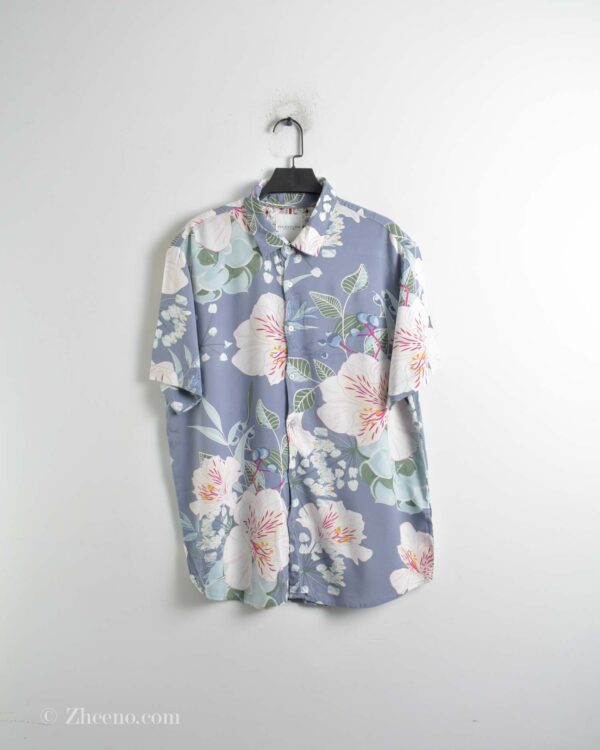 پیراهن هاوایی مردانه طوسی طرح گل Denim&flower