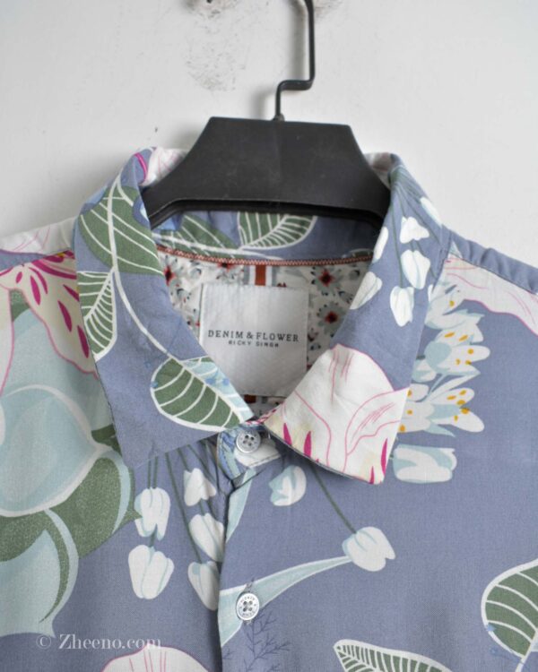 پیراهن هاوایی مردانه طوسی طرح گل Denim&flower