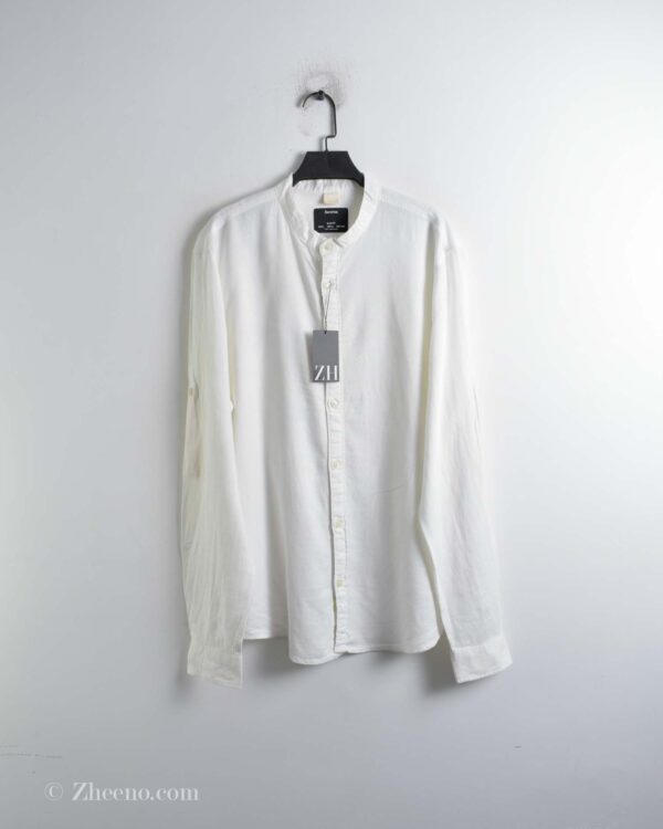 پیراهن لینن مردانه سفید یقه گرد Bershka