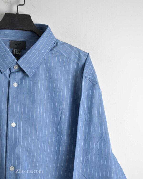 پیراهن نخی آستین بلند آبی خط‌دار سفید H&M