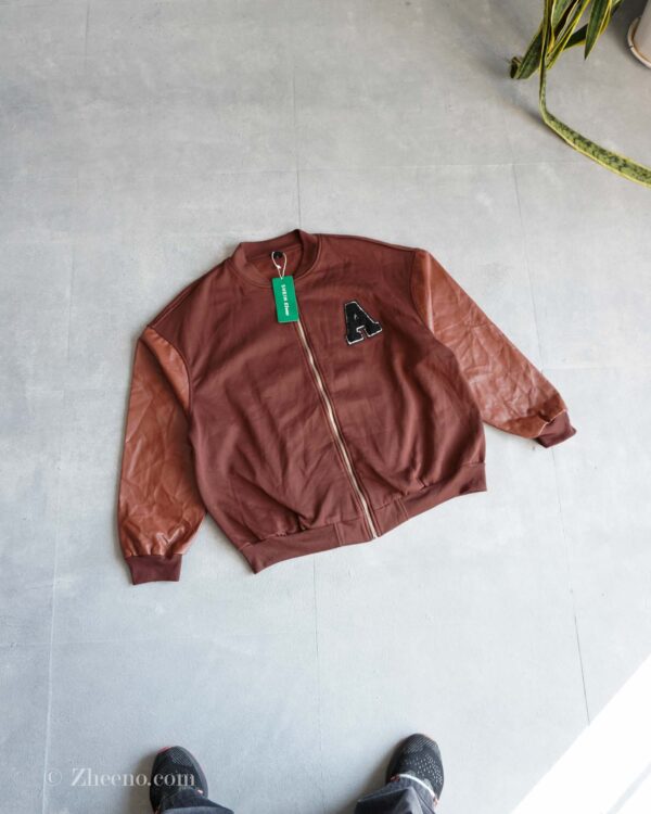 بامبر جکت قهوه ای آستین چرم Shein