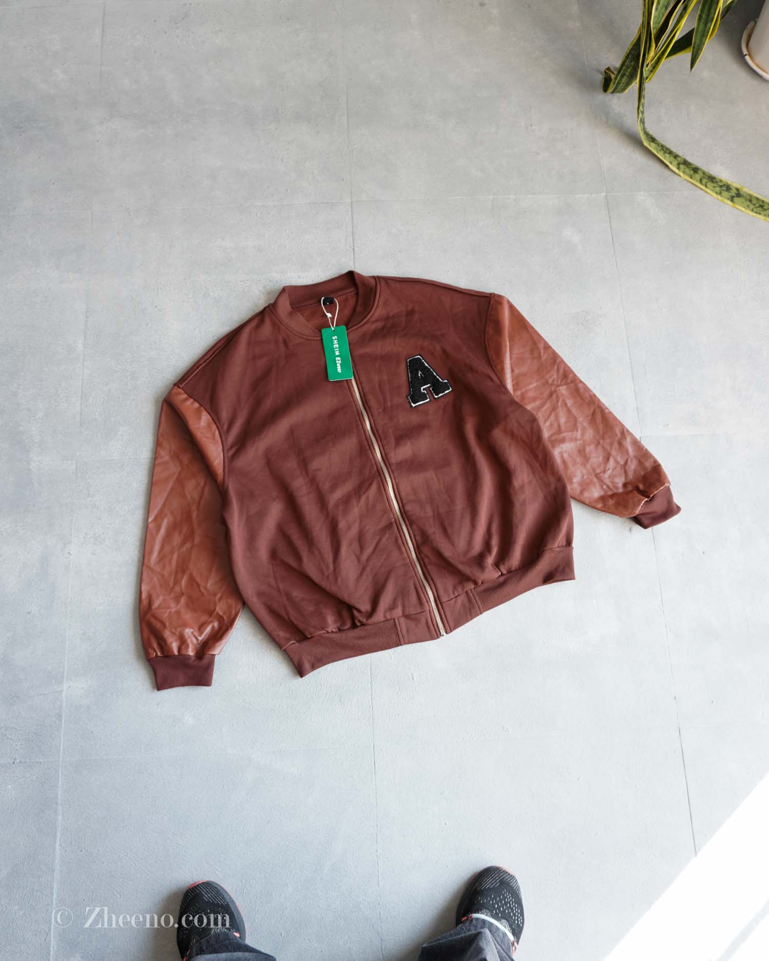 17647768886553901 بامبر جکت قهوه ای آستین چرم Shein