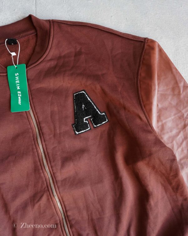 بامبر جکت قهوه ای آستین چرم Shein