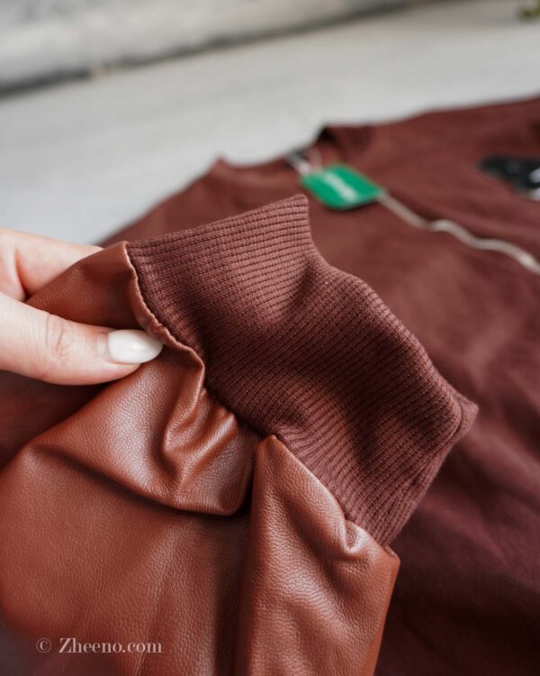 بامبر جکت قهوه ای آستین چرم Shein