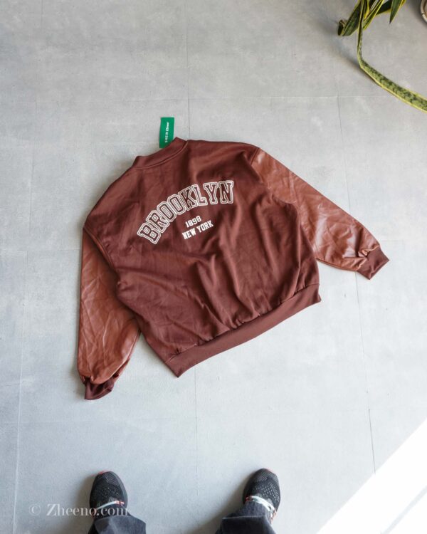 بامبر جکت قهوه ای آستین چرم Shein