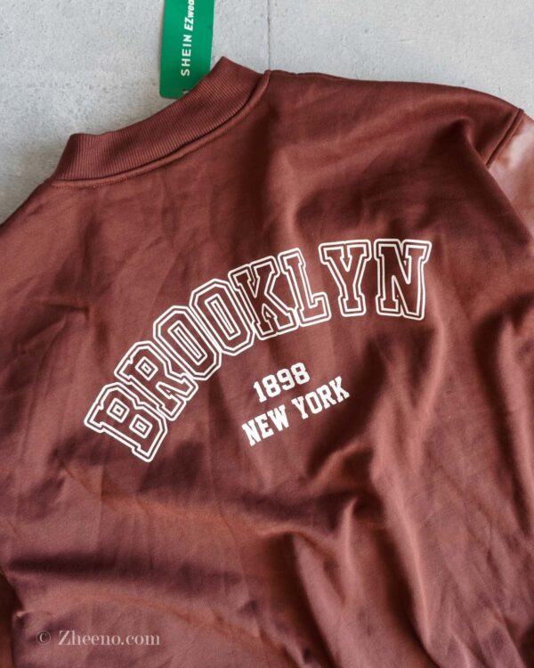 بامبر جکت قهوه ای آستین چرم Shein