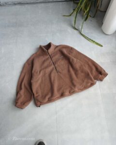 نیم زیپ کرکی قهوه ای ساده Shein