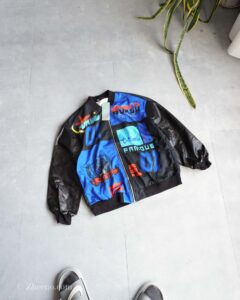 بامبر جکت مشکی آستین چرم طرح دار Shein