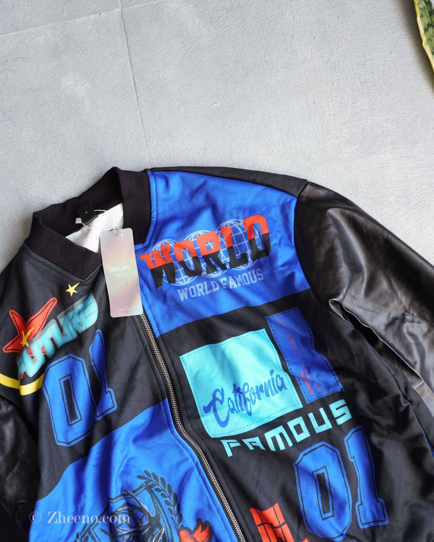 بامبر جکت مشکی آستین چرم طرح دار Shein