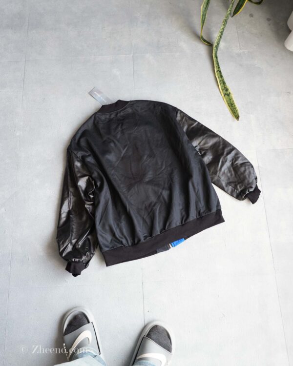 بامبر جکت مشکی آستین چرم طرح دار Shein