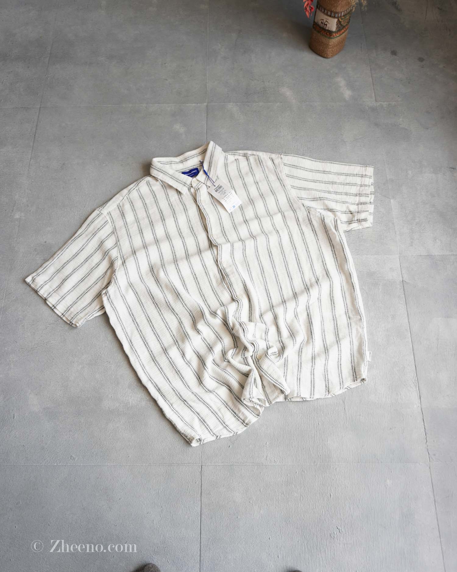 پیراهن نخی طرح لینن سفید راه راه Jack&Jones